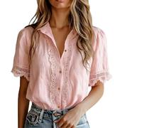 Women's Lace Trim Short Sleeve Collared Button Down Shirts,Boho Casual V Neck Blouse Top,Summer Loose Solid Puff Sleeve Shirt (FR/ES, Letras, M, Regular, Regular, Pink)