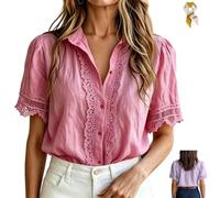 Women's Lace Trim Short Sleeve Collared Button Down Shirts,Boho Casual V Neck Blouse Top,Summer Loose Solid Puff Sleeve Shirt (FR/ES, Letras, XL, Regular, Regular, Red)