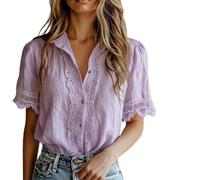 Women's Lace Trim Short Sleeve Collared Button Down Shirts,Boho Casual V Neck Blouse Top,Summer Loose Solid Puff Sleeve Shirt (FR/ES, Letras, S, Regular, Regular, Purple)
