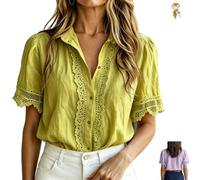 Women's Lace Trim Short Sleeve Collared Button Down Shirts,Boho Casual V Neck Blouse Top,Summer Loose Solid Puff Sleeve Shirt (FR/ES, Letras, 5XL, Regular, Regular, Green)