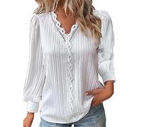 Women's Lace V Neck Blouse Puff Long Sleeve Tops Plain Shirts Basic Blouse Banded Cuffs Chic Elegance Shirt Gifts for Women C-54