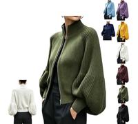 Women's Lantern Sleeve Stand Collar Sweaters Zip Up Knit Cardigan | Cropped Knitted Jacket,Soft Ribbed Knit & Full Front Zipper,Long Sleeve,Chunky Sweaters,Slim Fit Drop Shoulder Trendy Top