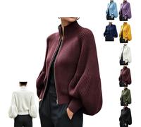 Women's Lantern Sleeve Stand Collar Sweaters Zip Up Knit Cardigan | Cropped Knitted Jacket,Soft Ribbed Knit & Full Front Zipper,Long Sleeve,Chunky Sweaters,Slim Fit Drop Shoulder Trendy Top