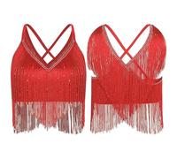Womens Latin Cha-Cha Dance Performance Competition Costume V-Neck Sleeveless Crisscross Back Fringe Crop Top Salsa Rumba Samba(Red,S)