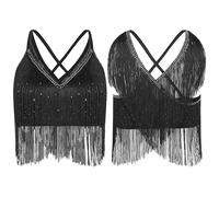 Womens Latin Cha-Cha Dance Performance Competition Costume V-Neck Sleeveless Crisscross Back Fringe Crop Top Salsa Rumba Samba(Black,L)