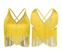 Womens Latin Cha-Cha Dance Performance Competition Costume V-Neck Sleeveless Crisscross Back Fringe Crop Top Salsa Rumba Samba(Yellow,L)