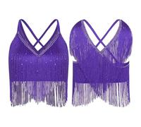 Womens Latin Cha-Cha Dance Performance Competition Costume V-Neck Sleeveless Crisscross Back Fringe Crop Top Salsa Rumba Samba(Purple,XXL)