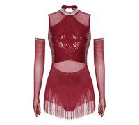 Womens Latin Dance Leotard Dress with Mesh Gloves Tango Rumba Cha-Cha Samba Costume Fringe Sequin Ballroom Performance(Wine Red,M)