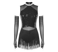 Womens Latin Dance Leotard Dress with Mesh Gloves Tango Rumba Cha-Cha Samba Costume Fringe Sequin Ballroom Performance(Black,XXL)
