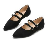 Women's Leopard Mary Jane Leather Shoes, Pointed Toe Suede Slip On Orthopedic Ballet Mary Jane Flats w/Buckle Straps, Casual Dressy for Office&Daily, Versatile (Black,39)