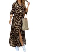 Womens Leopard Print Maxi Shirt Dress Button Front Slit (Brown,5XL)
