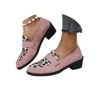 Women's Leopard-Print Suede Block-Heel Loafers, Comfortable Suede Round Toe Slip-on Penny Loafer Elegant Wide Office Shoes (Pink,40)