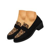 Women's Leopard-Print Suede Block-Heel Loafers, Comfortable Suede Round Toe Slip-on Penny Loafer Elegant Wide Office Shoes (Black,36)