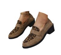 Women's Leopard-Print Suede Block-Heel Loafers, Comfortable Suede Round Toe Slip-on Penny Loafer Elegant Wide Office Shoes (Khaki,40)