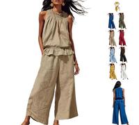 Women's Linen 2 Piece Outfits Sleeveless Ruffle Top Wide Leg Pants,Boho Summer Loungewear Matching Sets for Beach Travel (Khaki, XXL)