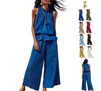 Women's Linen 2 Piece Outfits Sleeveless Ruffle Top Wide Leg Pants,Boho Summer Loungewear Matching Sets for Beach Travel (Dark Blue, XXL)