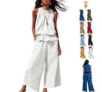 Women's Linen 2 Piece Outfits Sleeveless Ruffle Top Wide Leg Pants,Boho Summer Loungewear Matching Sets for Beach Travel (White, M)