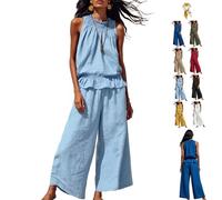 Women's Linen 2 Piece Outfits Sleeveless Ruffle Top Wide Leg Pants,Boho Summer Loungewear Matching Sets for Beach Travel (Light Blue, L)