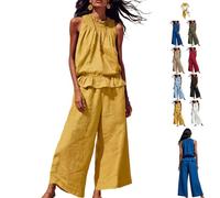 Women's Linen 2 Piece Outfits Sleeveless Ruffle Top Wide Leg Pants,Boho Summer Loungewear Matching Sets for Beach Travel (Yellow, M)