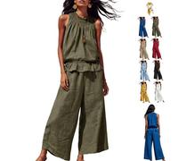 Women's Linen 2 Piece Outfits Sleeveless Ruffle Top Wide Leg Pants,Boho Summer Loungewear Matching Sets for Beach Travel (Green, L)