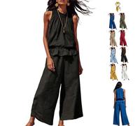 Women's Linen 2 Piece Outfits Sleeveless Ruffle Top Wide Leg Pants,Boho Summer Loungewear Matching Sets for Beach Travel (Black, XL)