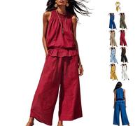 Women's Linen 2 Piece Outfits Sleeveless Ruffle Top Wide Leg Pants,Boho Summer Loungewear Matching Sets for Beach Travel (Red, S)