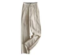 Women's Linen Summer Palazzo Long Pants Wide Leg High Waist Sports with Pockets Summer Solid Color Trousers Ocio elástica Pantalón (Khaki, L)