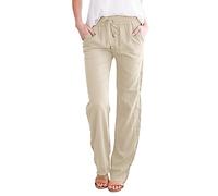 Women's Linen Summer Palazzo Pants Women Long Flared Loose Trousers Wide Leg High Waist Opaque Plus Size Summer Solid Color Trousers Mujer elástica Pantalones Parachute Pants Mujer Women (Beige, M)
