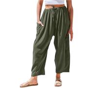 Women's Linen Wide Leg Pants with Pockets, Pant Solid Color Drawstring Elastic Waist Trousers (Green,L)