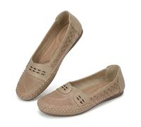 Women's Loafers Classic Leather Orthopedic Leather Shoes, Slip On Casual Comfortable Sneakers Work Office Dress Sneaker Closed Toe Non-Slip Walking Shoes (Beige,35)