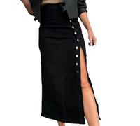 Womens Long Denim Skirt Dark Blue High Waist Button Front Slit (Black,XXL)