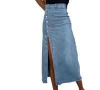 Womens Long Denim Skirt Dark Blue High Waist Button Front Slit (Blue,L)