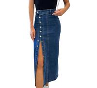 Womens Long Denim Skirt Dark Blue High Waist Button Front Slit (Dark Blue,M)