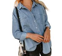 Women's Long Sleeve Button Down Shirt Casual Loose Fit Denim Blouse with Pockets Blue Work Tops for Spring Fall Daily Wear Fashion Style