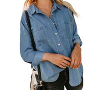 Women's Long Sleeve Button Down Shirt Casual Loose Fit Denim Blouse with Pockets Blue Work Tops for Spring Fall Daily Wear Fashion Style