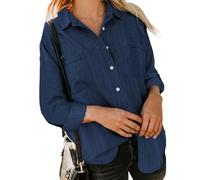 Women's Long Sleeve Button Down Shirt Casual Loose Fit Denim Blouse with Pockets Blue Work Tops for Spring Fall Daily Wear Fashion Style