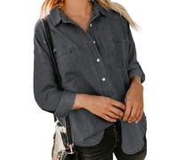 Women's Long Sleeve Button Down Shirt Casual Loose Fit Denim Blouse with Pockets Blue Work Tops for Spring Fall Daily Wear Fashion Style