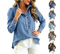 Womens Long Sleeve Denim Shirt,Button Down Collared Ruffled Edge Jean Top
