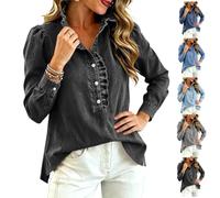 Womens Long Sleeve Denim Shirt,Button Down Collared Ruffled Edge Jean Top