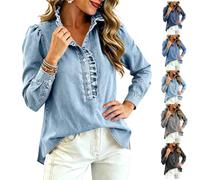 Womens Long Sleeve Denim Shirt,Button Down Collared Ruffled Edge Jean Top