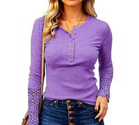 Women's Long Sleeve Henley Shirt V Neck Button Down Top with Lace Cuff Detail Waffle Knit Casual Blouse Fall Winter Fashion tee