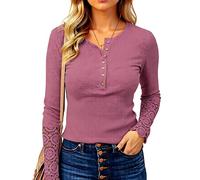 Women's Long Sleeve Henley Shirt V Neck Button Down Top with Lace Cuff Detail Waffle Knit Casual Blouse Fall Winter Fashion tee