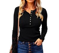 Women's Long Sleeve Henley Shirt V Neck Button Down Top with Lace Cuff Detail Waffle Knit Casual Blouse Fall Winter Fashion tee