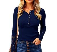 Women's Long Sleeve Henley Shirt V Neck Button Down Top with Lace Cuff Detail Waffle Knit Casual Blouse Fall Winter Fashion tee