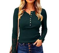 Women's Long Sleeve Henley Shirt V Neck Button Down Top with Lace Cuff Detail Waffle Knit Casual Blouse Fall Winter Fashion tee