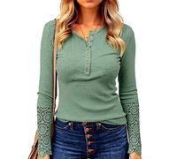 Women's Long Sleeve Henley Shirt V Neck Button Down Top with Lace Cuff Detail Waffle Knit Casual Blouse Fall Winter Fashion tee