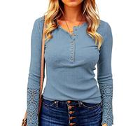 Women's Long Sleeve Henley Shirt V Neck Button Down Top with Lace Cuff Detail Waffle Knit Casual Blouse Fall Winter Fashion tee