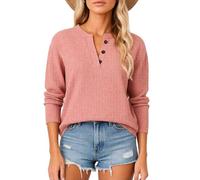 Women's Long Sleeve Henley Shirt Waffle Knit Top Casual V Neck Pullover Fall Winter Basic tee Loose Fit Sweater for Daily Wear and Lounge