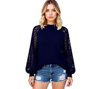 Women's Long Sleeve Lace Splicing Top Round Neck Loose Fit Blouse Casual Boho Crochet Lantern Sleeve Shirt for Spring Summer Fall Daily Wear