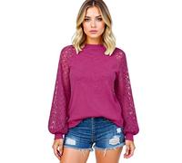 Women's Long Sleeve Lace Splicing Top Round Neck Loose Fit Blouse Casual Boho Crochet Lantern Sleeve Shirt for Spring Summer Fall Daily Wear